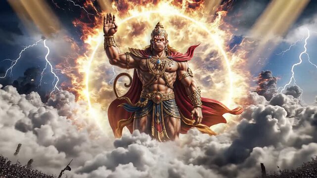 Powerful Lord Hanuman Standing Above Clouds with Lightning and Fire