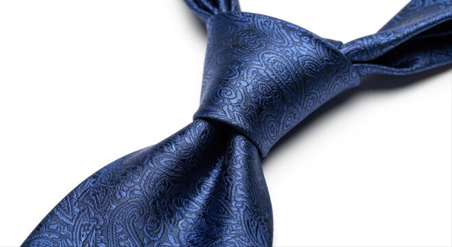 Elegant blue ascot tie with intricate paisley pattern isolated on a white background, showcasing luxurious fashion accessory details