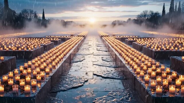 Thousands of Candles Lit in Rows on Stone Pavement During Sunset With Rain and Mist