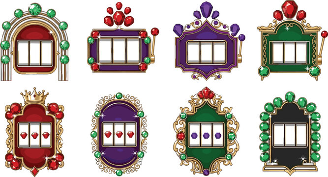 Luxury casino slot machine frames with jewels and gold ornaments, vintage gambling game window designs isolated on white background