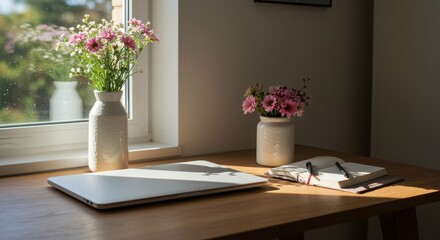 A serene workspace with a laptop and flowers on a wooden desk by the window