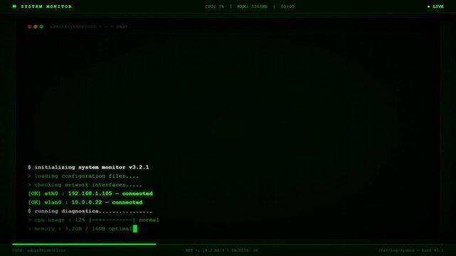 Futuristic Green Linux Terminal System Monitor with Network Diagnostics and Server Status Data.