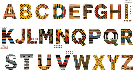 Ethnic pattern alphabet letters collection with colorful tribal geometric textures decorative cultural typography design set © Rubya