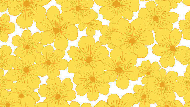 Seamless floral pattern featuring numerous bright yellow flowers with delicate petals and stamens overlapping on a white background.