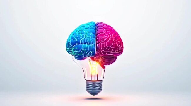 A creative video showcasing a lightbulb with a brain inside glowing brightly