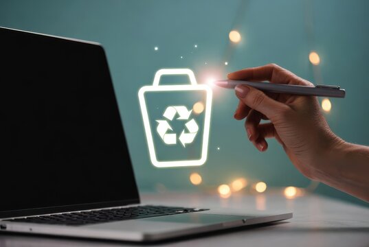 Hand using stylus on laptop screen activating delete or recycle bin icon with bokeh lights