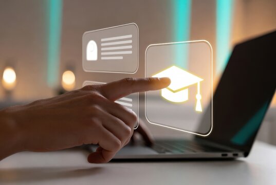 Hand touching graduation cap icon on laptop screen, online education concept, digital learning