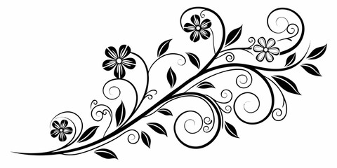 Intricate black and white floral design with swirling vines and delicate flowers © AC