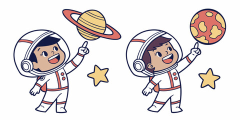 Two astronauts holding a planet and a star while floating in space © AC