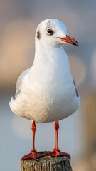 Obraz premium A close-up portrait of a seabird with stark white plumage, standing atop a weathered wooden post, captured in the sunlight
