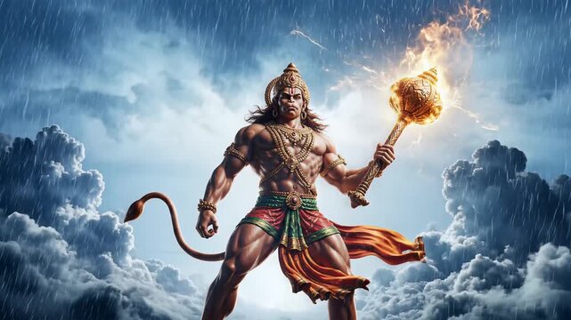 Powerful Lord Hanuman with Flaming Mace in Stormy Sky Illustration