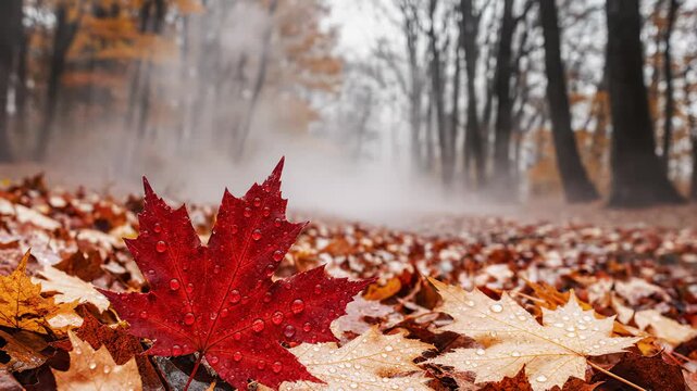 Close-Up of Red Maple Leaf With Water Droplets on Forest Floor in Autumn