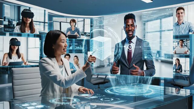 Diverse business professionals collaborate in a futuristic virtual reality meeting with holographic projections and remote participants.