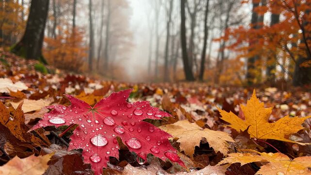 Close-Up of Red Maple Leaf Covered in Water Droplets on Forest Floor During Autumn