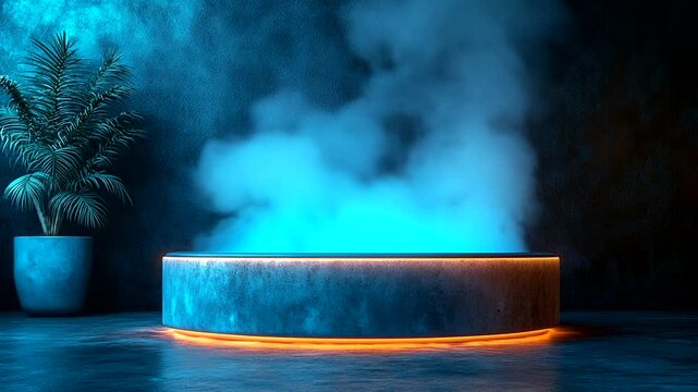 Modern illuminated hot tub with steam in a stylish room