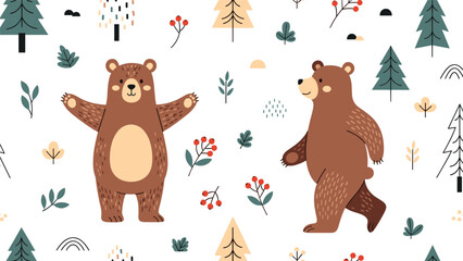 Naklejka premium Cute seamless pattern of brown bears, pine trees, and various forest plants for children textile and wallpaper design.