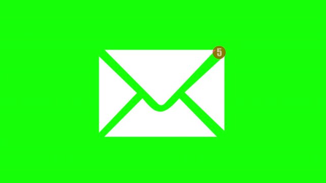 Email Envelope Icon with 5 message on Green Screen Background Chroma Key Animation