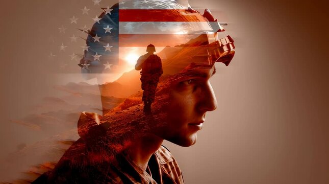 double exposure of an american flag and silhouette of a soldier, light brown background, in the style of digital art,