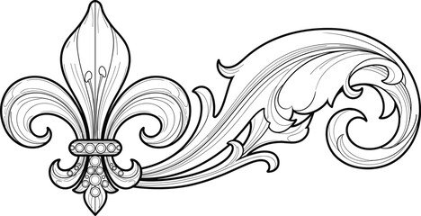 Fleur de lis scroll illustration, ornate decorative artwork, heraldry vector design, bold graphic icon, black white floral symbol © Sree