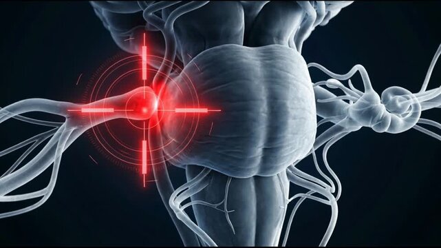 Close Up View of Human Brainstem and Cranial Nerves with Red Target Indicator Showing a Problem Area