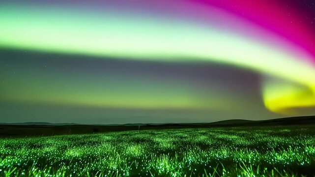 Vibrant Aurora Borealis Dancing Over Grassy Field at Night.