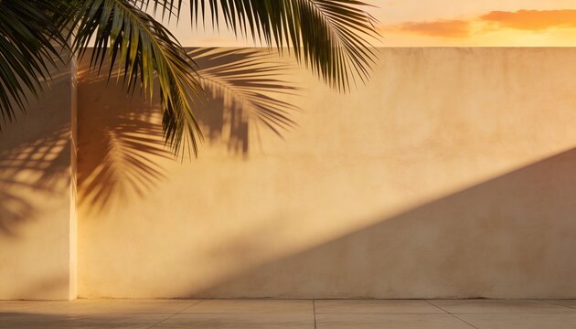 Palm leaf shadow on textured beige wall under warm golden hour sunset light