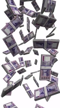 Vertical Bangladesh Money, Falling 1000 BDT Banknotes, Cash Stacks Isolated on White, 4K