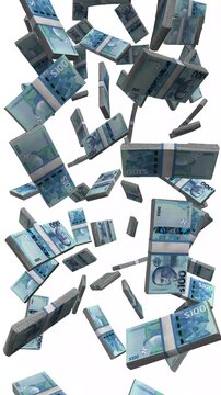 Vertical Belize Money, Falling BZD Banknotes, Cash Stacks Isolated on White, 4K