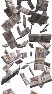 Vertical Bhutan Money, Falling 1000 BTN Banknotes, Cash Stacks Isolated on White, 4K