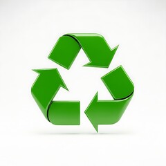 Obraz premium A glossy 3D green recycling symbol with three chasing arrows isolated on a white background representing environmental sustainability