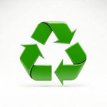 A glossy 3D green recycling symbol with three chasing arrows isolated on a white background representing environmental sustainability