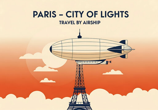 A vintage dirigeable floats majestically above the iconic Eiffel Tower in Paris, the city of lights, suggesting a romantic era of airship travel.