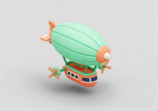 A charming cartoon dirigeable with a green body and orange gondola floats against a neutral background.