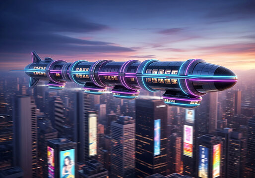 A futuristic dirigeable with neon blue and pink accents glides majestically over a sprawling, illuminated cityscape at twilight.