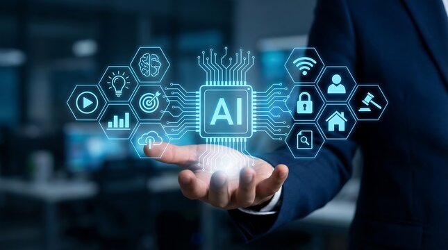 A hand holds a glowing holographic AI chip, surrounded by hexagonal icons representing diverse applications and functionalities of AI technology.