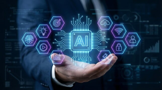 A hand holds a glowing holographic AI chip, surrounded by hexagonal icons representing diverse applications and functionalities of AI technology.