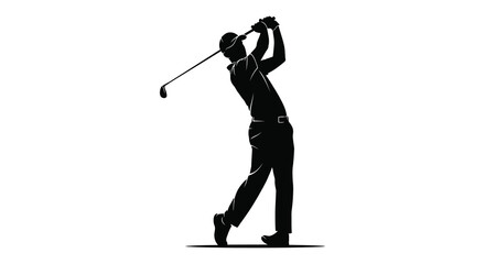 A golfer in mid swing captured as a striking black form against a white background silhouette © MIRAJ02