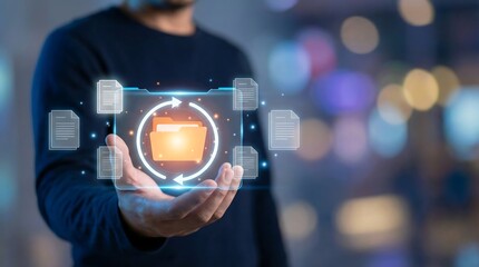 A man presents a glowing holographic folder with arrows, surrounded by document icons, symbolizing digital file management and synchronization.