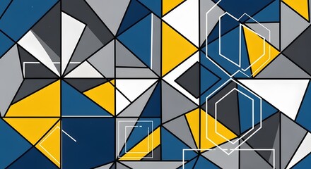 A dynamic, colorful abstract geometric pattern featuring triangles, circles, and rectangles in bright blue, red, yellow, and green. Ideal for modern backgrounds, graphic design, and energetic visual.