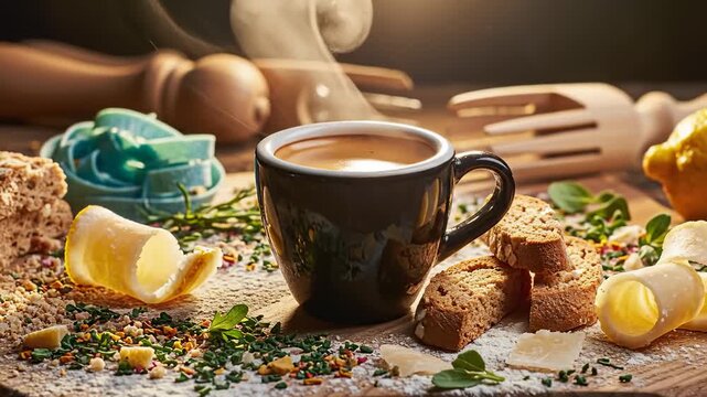 Steaming Cup of Coffee With Biscotti and Lemon Zest on a Wooden Table