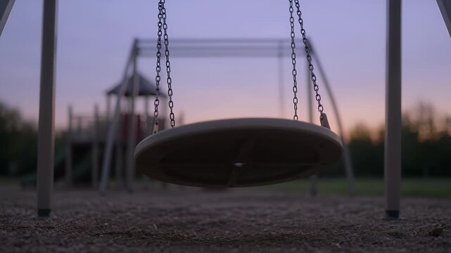 Close-up of an empty disc swing at a quiet playground at twilight against a colorful sky