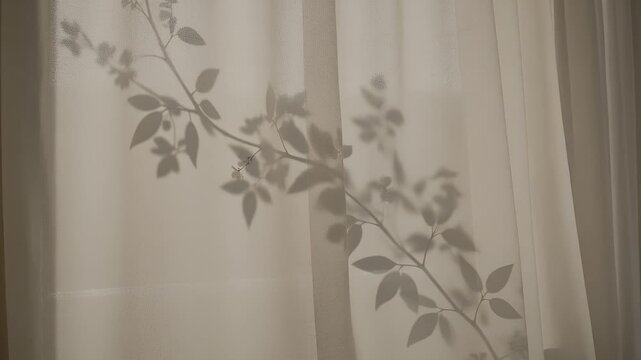Soft light casts a detailed shadow of a climbing plant and its leaves onto a sheer curtain