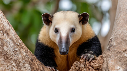 Obraz premium close-up of a curious tamandua, a small anteater, perched between tree branches in a natural habitat.