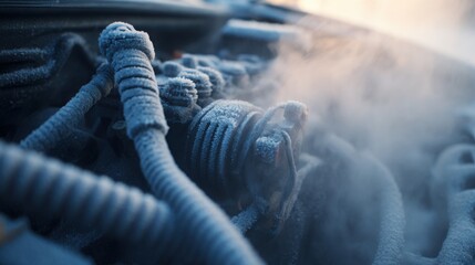cold engine start in winter, frost covering intake manifold and metal components, starter motor spinning engine, visible breath vapor in cold air