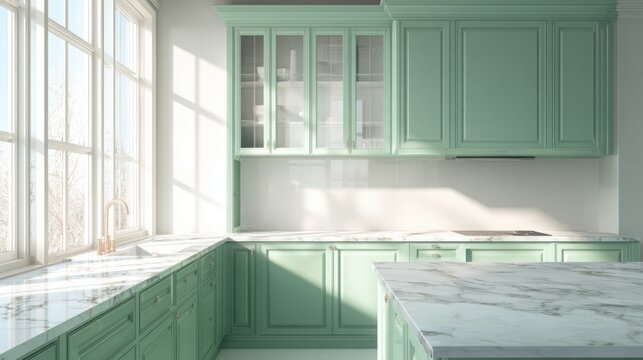 empty kitchen with mint green cabinets, clean marble countertop, sunlight streaming through large window, spring fresh interior, bright and inviting