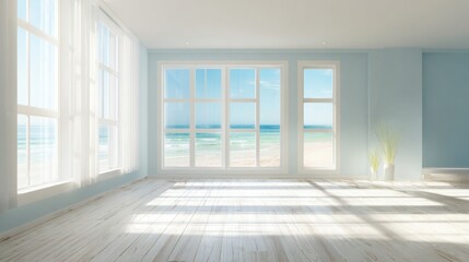 Obraz premium empty living room with light coastal blue walls, soft white floor, large windows with sunlit reflections, summer beach inspired vibe, hyper realistic