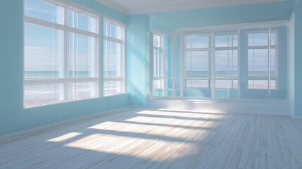 Fototapeta premium empty living room with light coastal blue walls, soft white floor, large windows with sunlit reflections, summer beach inspired vibe, hyper realistic