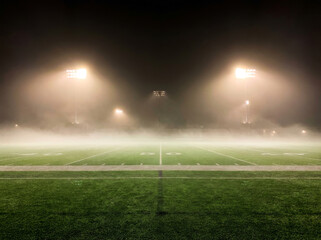 Fototapeta premium American football field at night illuminated by stadium lights shrouded in fog.
