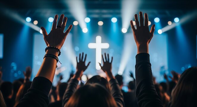 Easter sunday celebration with raised hands and cross worship