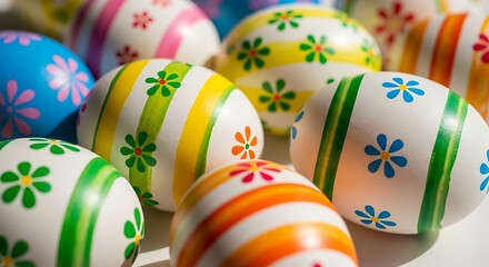 Vibrant easter eggs decorated for easter sunday with floral patterns and stripes